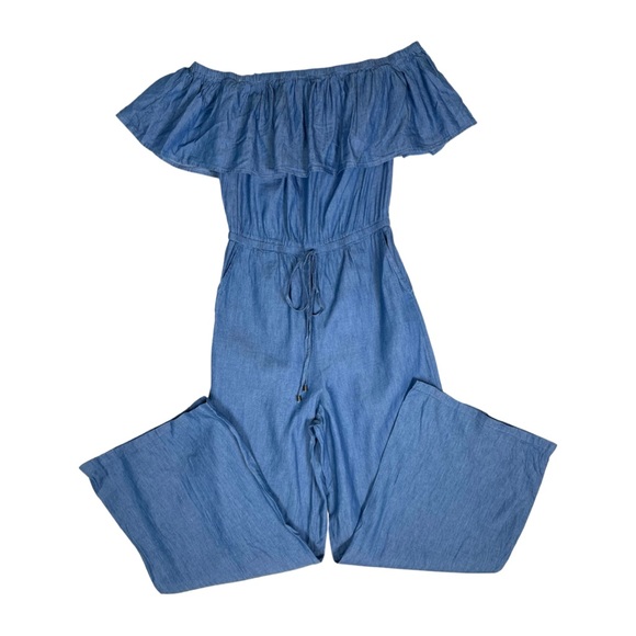 Jealous Tomato Blue Chambray Off shoulder ruffleTop Jumpsuit. - Picture 3 of 7
